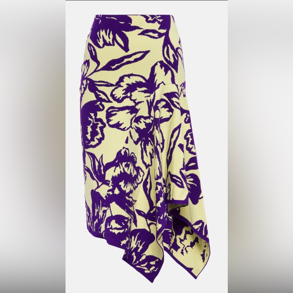 NWT $750 DRIES VAN NOTEN Jacquard Floral Asymmetric Midi Skirt - Purple, Size XS